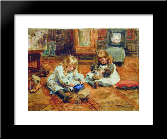 Children Playing In The Workshop 20x24 Black Modern Wood Framed Art Print Poster by Makovsky, Konstantin