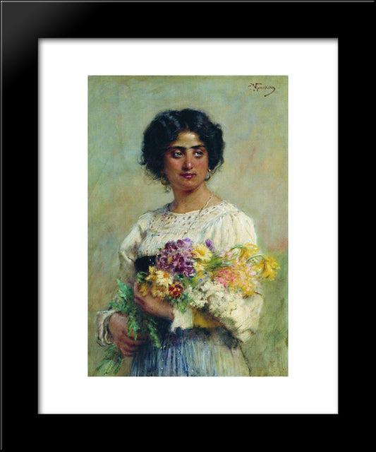 Girl With A Bouquet 20x24 Black Modern Wood Framed Art Print Poster by Makovsky, Konstantin