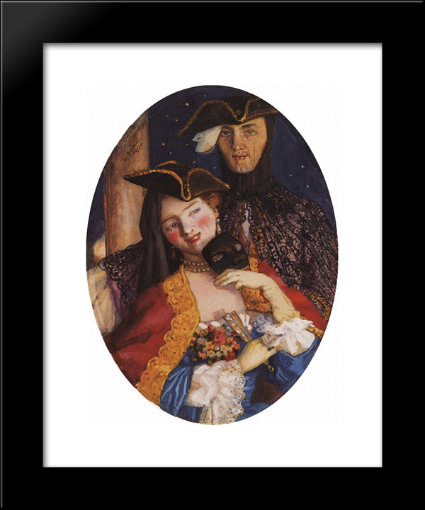 Two Masks (Pair On The Eve Of The Carnival) 20x24 Black Modern Wood Framed Art Print Poster by Somov, Konstantin
