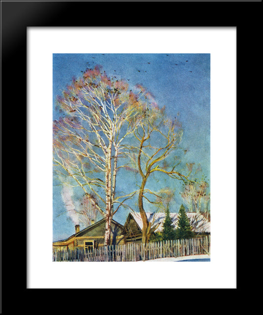 Blue Morning. Rooks On The Birches. Ligachevo 20x24 Black Modern Wood Framed Art Print Poster by Yuon, Konstantin