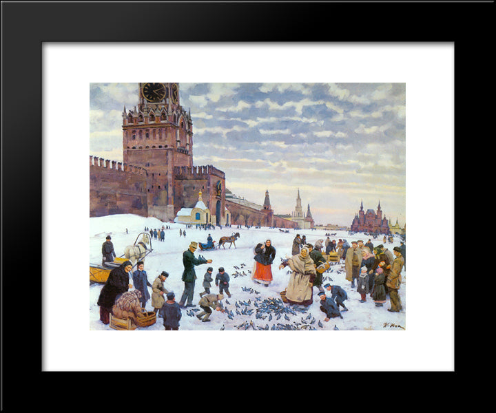 Feeding Pigeons In Red Square In The Years 1890 - 1900 20x24 Black Modern Wood Framed Art Print Poster by Yuon, Konstantin