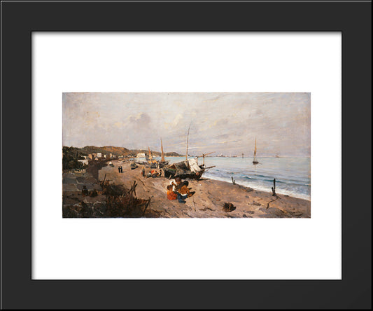 Boats And Children On The Beach 20x24 Black Modern Wood Framed Art Print Poster by Volanakis, Konstantinos