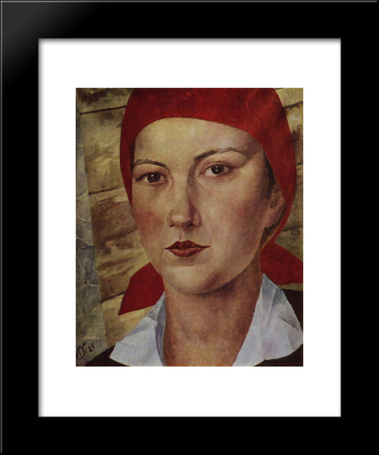 Girl In Red Scarf (Worker) 20x24 Black Modern Wood Framed Art Print Poster by Petrov Vodkin, Kuzma