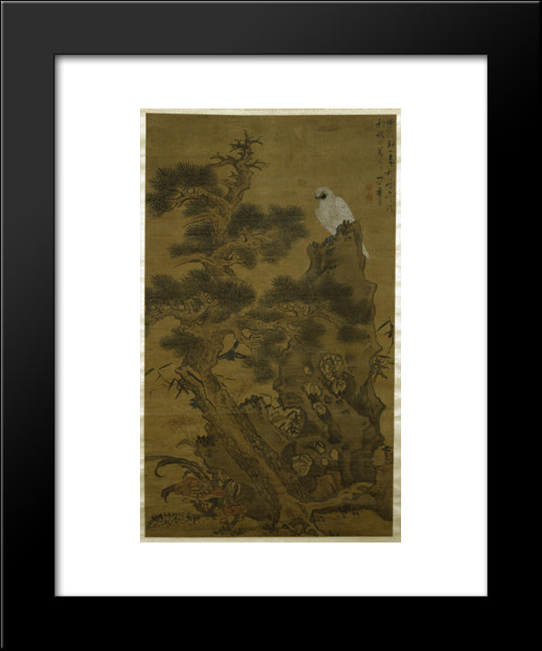 Pine Tree, White Hawk, And Rock 20x24 Black Modern Wood Framed Art Print Poster by Ying, Lan