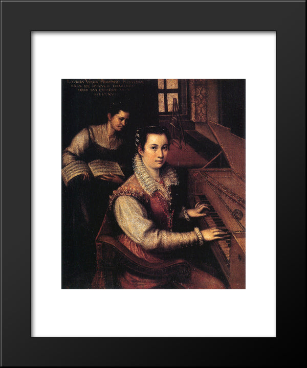 Self-Portrait At The Clavichord With A Servant 20x24 Black Modern Wood Framed Art Print Poster by Fontana, Lavinia