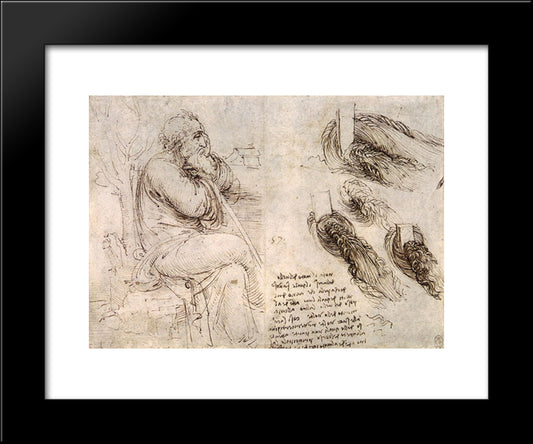 A Seated Man, And Studies And Notes On The Movement Of Water 20x24 Black Modern Wood Framed Art Print Poster by da Vinci, Leonardo