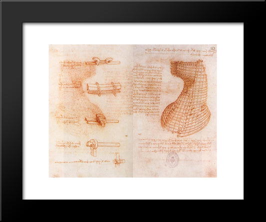 Double Manuscript Page On The Sforza Monument (Casting Mold Of The Head And Neck) 20x24 Black Modern Wood Framed Art Print Poster by da Vinci, Leonardo