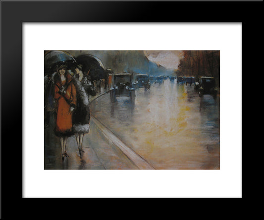 Berliner Strasse Mit Droschken In Regen 20x24 Black Modern Wood Framed Art Print Poster by Ury, Lesser