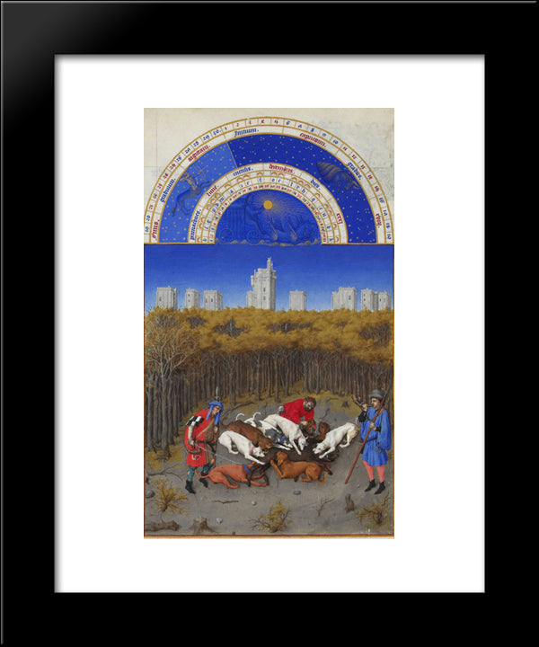 Facsimile Of December Hunting Wild Boar 20x24 Black Modern Wood Framed Art Print Poster by Limbourg Brothers