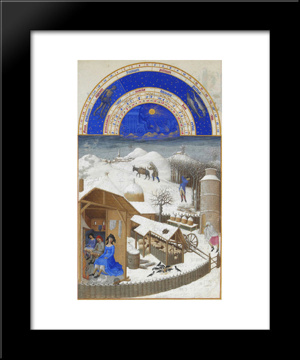 Facsimile Of February Farmyard Scene With Peasants 20x24 Black Modern Wood Framed Art Print Poster by Limbourg Brothers