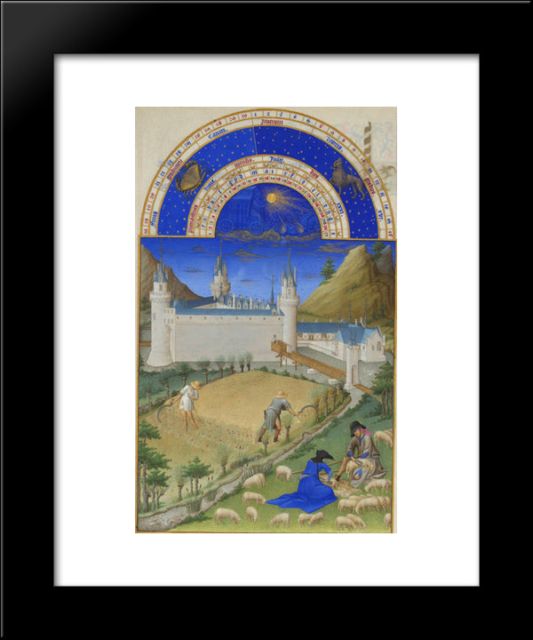 Fascimile Of July Harvesting And Sheep Shearing 20x24 Black Modern Wood Framed Art Print Poster by Limbourg Brothers