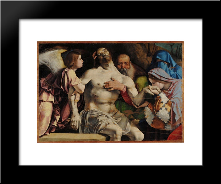 Altar Of Recanati Polyptych, Crowning The Main Board Angel Pieta 20x24 Black Modern Wood Framed Art Print Poster by Lotto, Lorenzo
