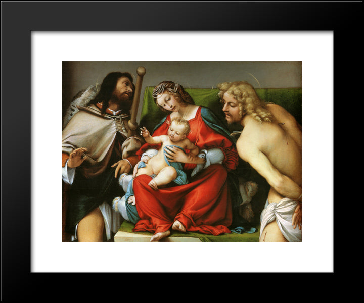 Madonna With St. Roch And St. Sebastian 20x24 Black Modern Wood Framed Art Print Poster by Lotto, Lorenzo