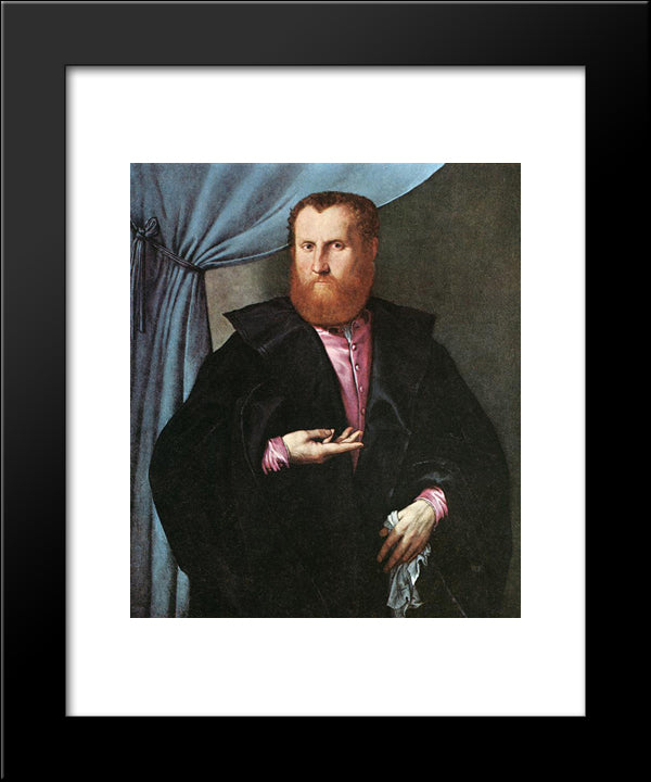 Portrait Of A Man In Black Silk Cloak 20x24 Black Modern Wood Framed Art Print Poster by Lotto, Lorenzo