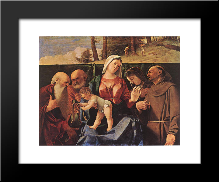 Virgin And Child With Saints Jerome, Peter, Clare And Francis 20x24 Black Modern Wood Framed Art Print Poster by Lotto, Lorenzo