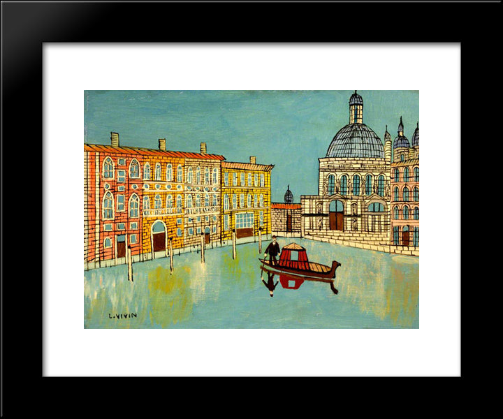 Venice Canal Scene With A Church 20x24 Black Modern Wood Framed Art Print Poster by Vivin, Louis