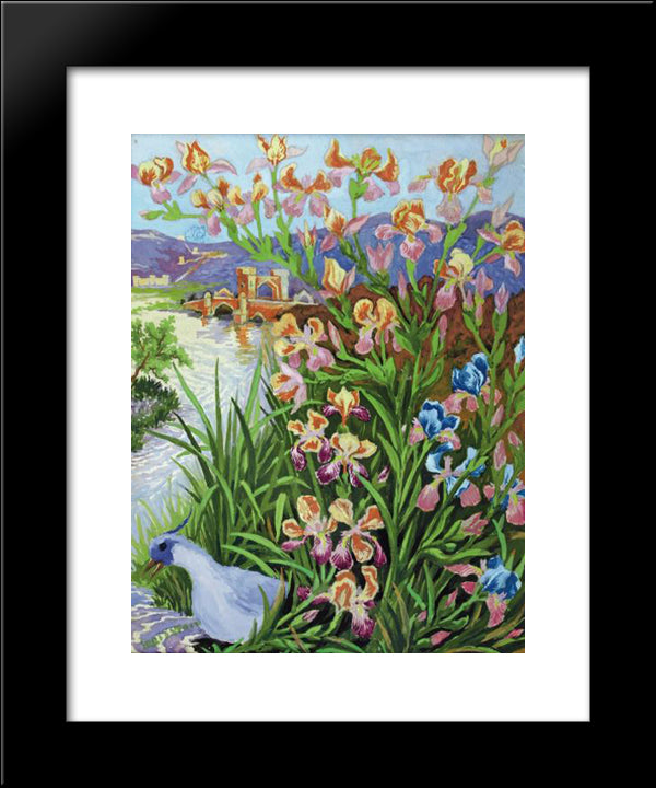 Blue Tufted Bird And Bearded Irises 20x24 Black Modern Wood Framed Art Print Poster by Wain, Louis