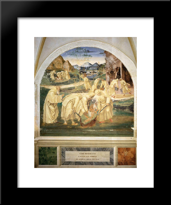 Life Of St. Benedict. Benedict Drives The Devil Out Of A Stone 20x24 Black Modern Wood Framed Art Print Poster by Signorelli, Luca