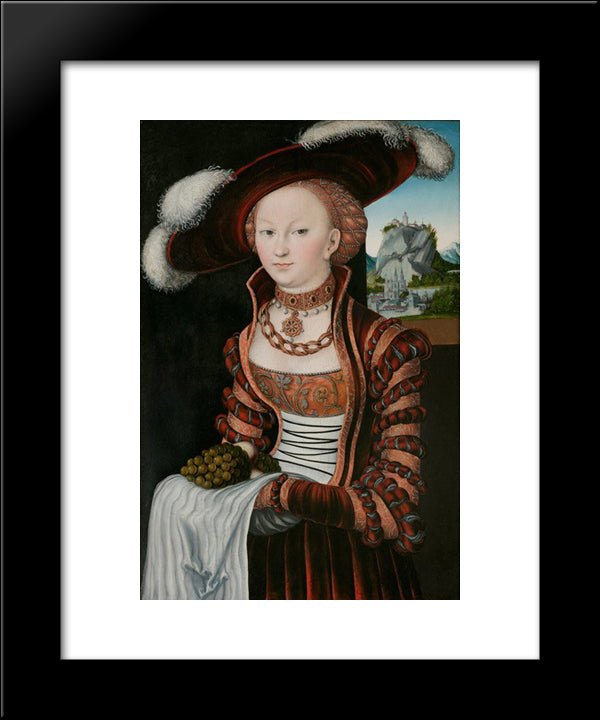 Portrait Of A Young Woman Holding Grapes And Apples 20x24 Black Modern Wood Framed Art Print Poster by Cranach the Elder, Lucas