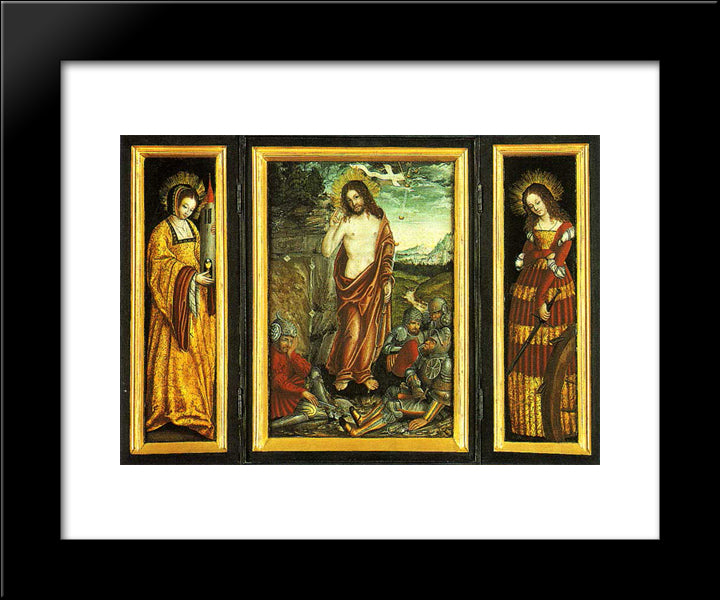 Small Winged Altar With The Resurrection Of Christ, St. Barbara (Left Wing) And St. Catharine (Right Wing) 20x24 Black Modern Wood Framed Art Print Poster by Cranach the Elder, Lucas