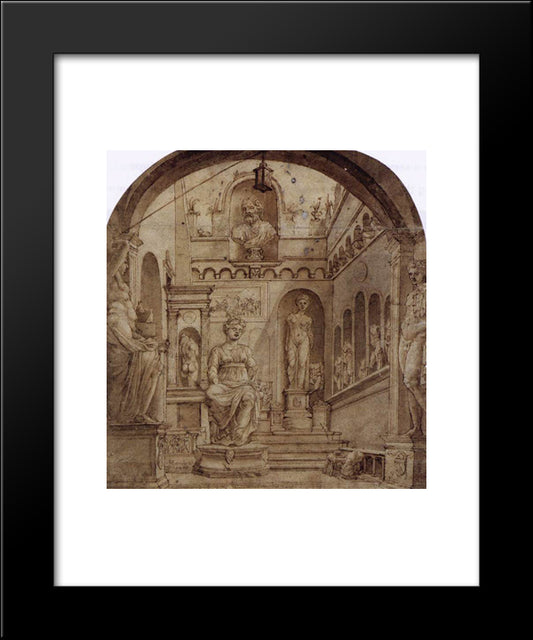 Sculpture Court Of The Casa Sassi In Rome 20x24 Black Modern Wood Framed Art Print Poster by van Heemskerck, Maerten