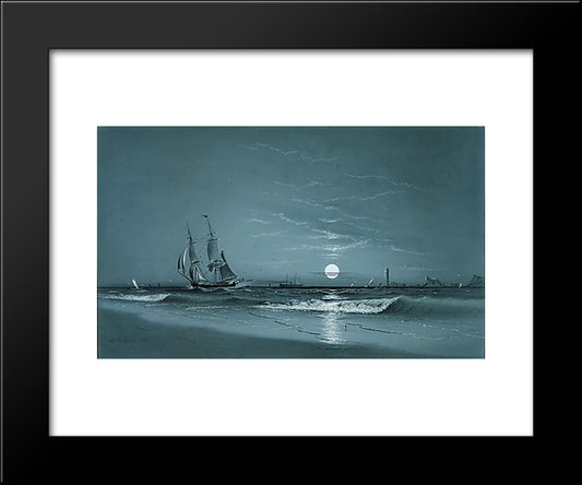 Entrance To Harbor, Moonlight 20x24 Black Modern Wood Framed Art Print Poster by Larson, Marcus