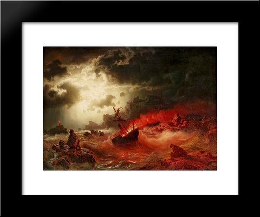 Nattlig Marin Med Brinnande Fartyg 20x24 Black Modern Wood Framed Art Print Poster by Larson, Marcus
