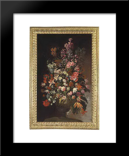 Roses, Tulips, Chrysanthemums And Other Flowers, In A Sculpted Urn, On An Earthen Bank 20x24 Black Modern Wood Framed Art Print Poster by Nuzzi, Mario