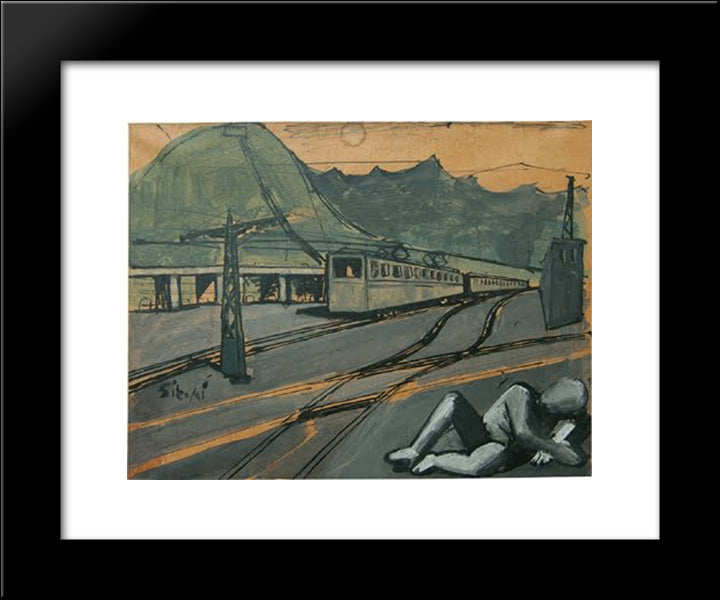 Composition With Train And Figure 20x24 Black Modern Wood Framed Art Print Poster by Sironi, Mario