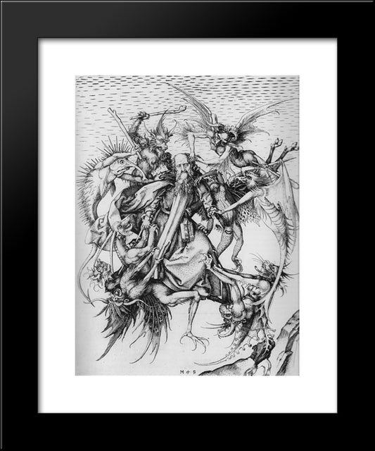 The Temptation Of St. Anthony 20x24 Black Modern Wood Framed Art Print Poster by Schongauer, Martin