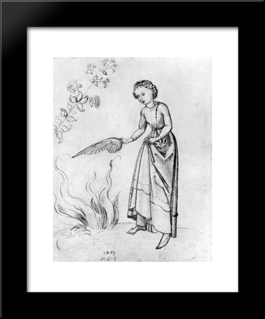 Young Woman Fanning A Fire With A Bird'S Wing 20x24 Black Modern Wood Framed Art Print Poster by Schongauer, Martin