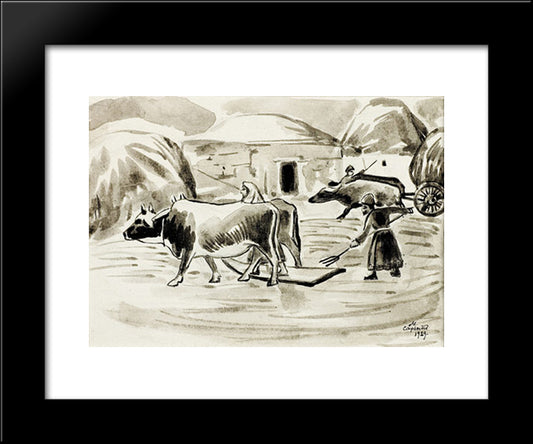 Threshing Grain 20x24 Black Modern Wood Framed Art Print Poster by Saryan, Martiros
