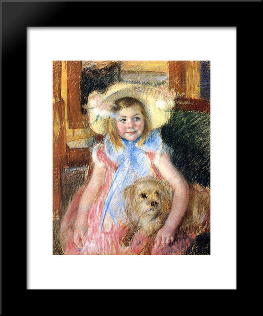 Sara In A Large Flowered Hat Looking Right Holding Her Dog 20x24 Black Modern Wood Framed Art Print Poster by Cassatt, Mary