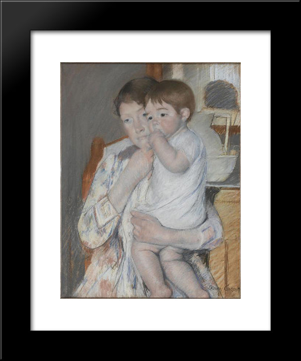 Woman And Child In Front Of A Shelf Which Are Placed A Jug And Basin 20x24 Black Modern Wood Framed Art Print Poster by Cassatt, Mary