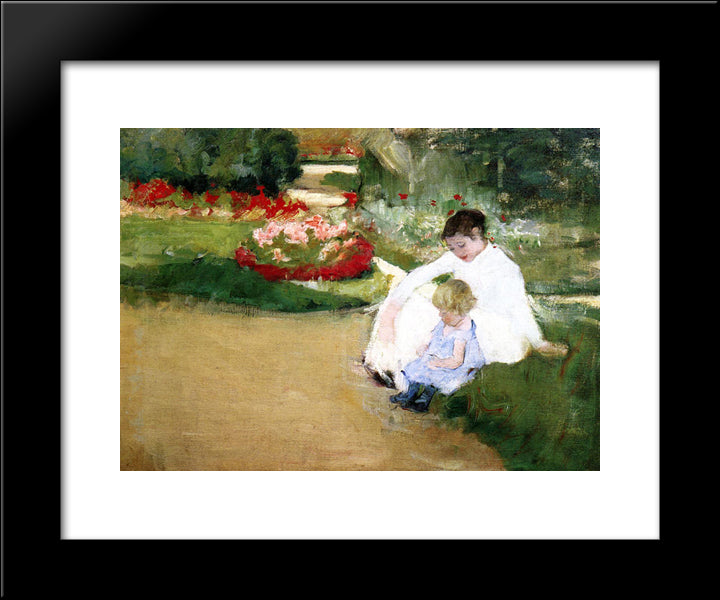 Woman And Child Seated In A Garden 20x24 Black Modern Wood Framed Art Print Poster by Cassatt, Mary