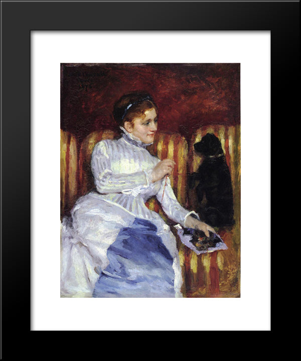 Woman On A Striped With A Dog (Also Known As Young Woman On A Striped Sofa With Her Dog) 20x24 Black Modern Wood Framed Art Print Poster by Cassatt, Mary