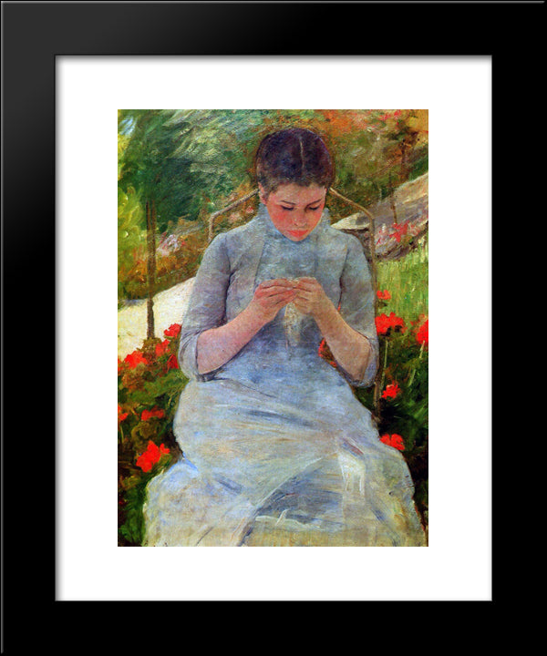 Woman With Needlework Sun 20x24 Black Modern Wood Framed Art Print Poster by Cassatt, Mary