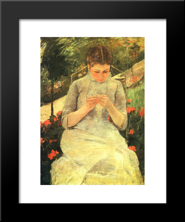 Young Woman Sewing In The Garden 20x24 Black Modern Wood Framed Art Print Poster by Cassatt, Mary