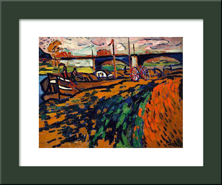 Barges In Chatou 20x24 Black Modern Wood Framed Art Print Poster by Vlaminck, Maurice