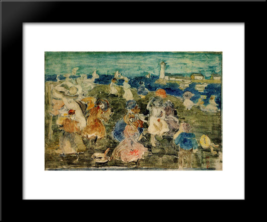 Beach Scene With Lighthouse (Also Known As Children At The Seashore) 20x24 Black Modern Wood Framed Art Print Poster by Prendergast, Maurice