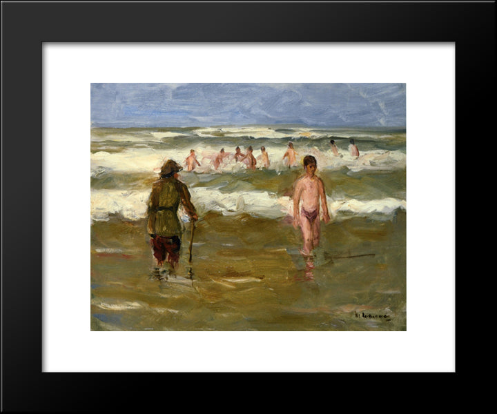 Boys Bathing With Beach Warden 20x24 Black Modern Wood Framed Art Print Poster by Liebermann, Max