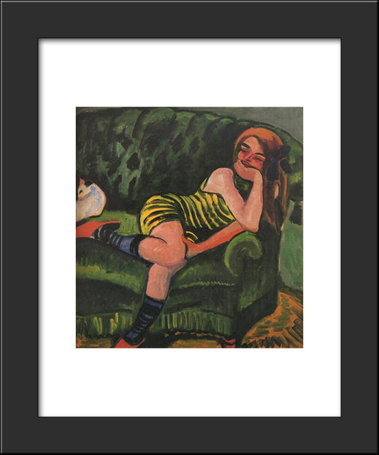 Girl On A Green Sofa With A Cat 20x24 Black Modern Wood Framed Art Print Poster by Pechstein, Max