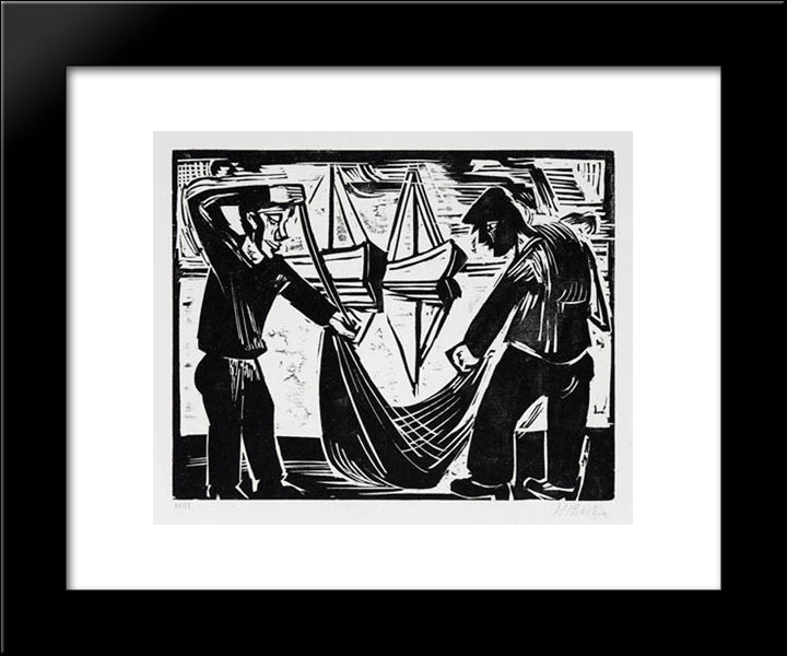Zwei Fischer Mit Netz 20x24 Black Modern Wood Framed Art Print Poster by Pechstein, Max