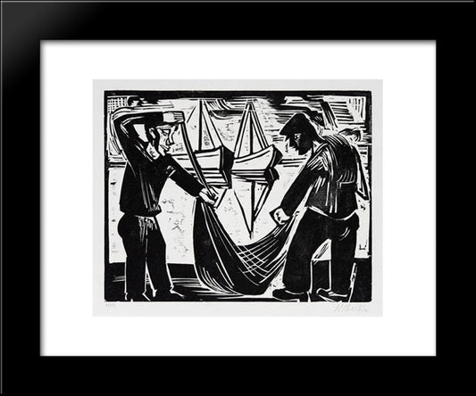 Zwei Fischer Mit Netz 20x24 Black Modern Wood Framed Art Print Poster by Pechstein, Max
