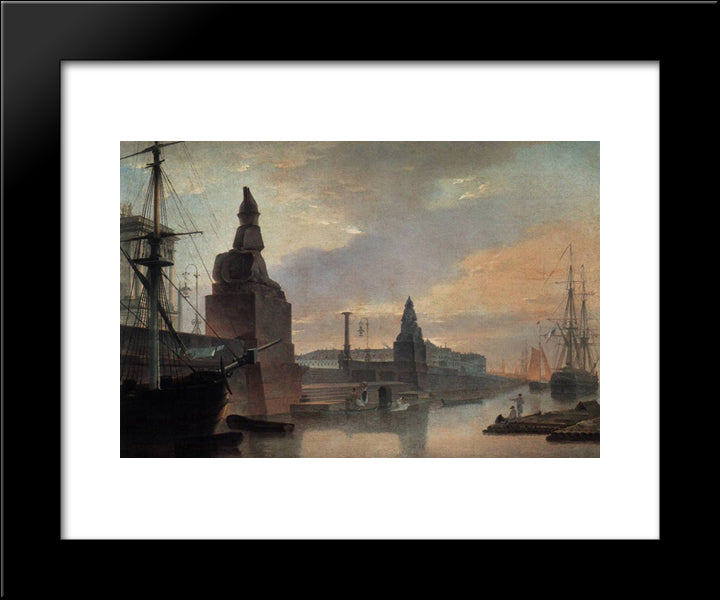 Sphinxes Lining A Quay In Front Of St. Petersburg Academy Of Arts 20x24 Black Modern Wood Framed Art Print Poster by Vorobiev, Maxim