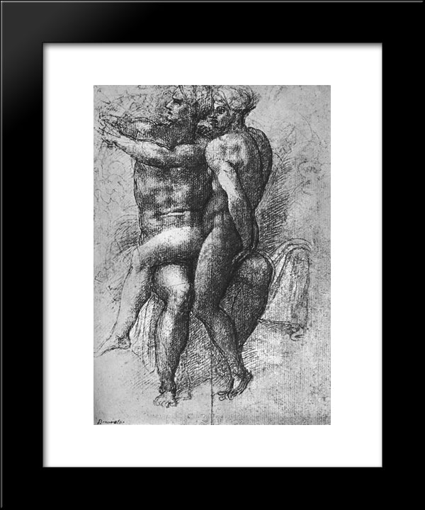 Nude Female Seated On The Knees Of A Seated Male Nude Adam And Eve 20x24 Black Modern Wood Framed Art Print Poster by Michelangelo