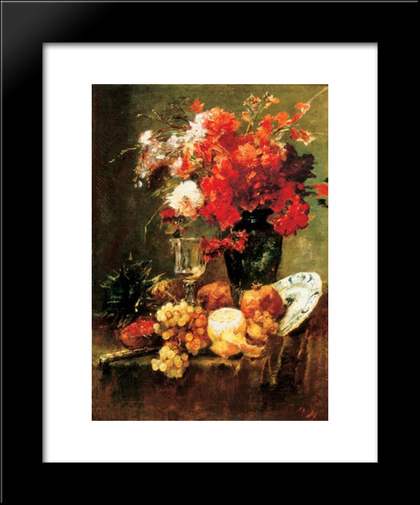 Still-Life With Flowers And Fruits 20x24 Black Modern Wood Framed Art Print Poster by Munkacsy, Mihaly