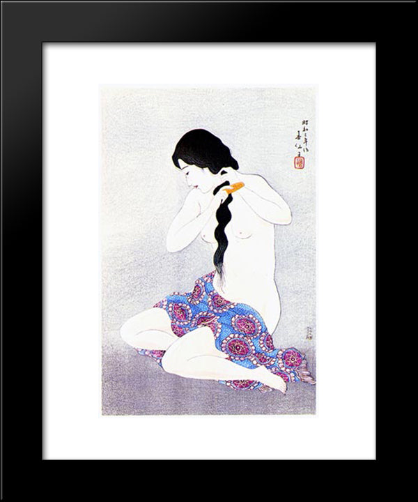 Woman Combing Hair 20x24 Black Modern Wood Framed Art Print Poster by Shunsen, Natori