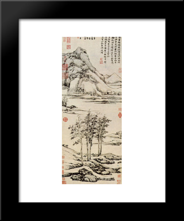 Trees In A River Valley In Yu Shan 20x24 Black Modern Wood Framed Art Print Poster by Ni Zan