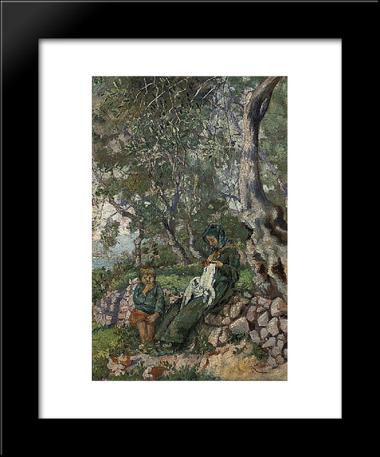 A Mother And Son Seated By A Wall Before The Sea 20x24 Black Modern Wood Framed Art Print Poster by Cannicci, Niccolo